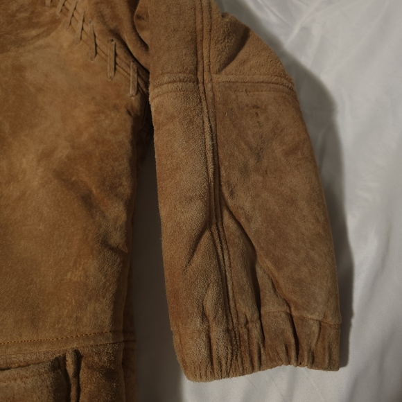 Vtg Synergy Leather Faux Shearling Hooded Coat Sueded Modacrylic Lined, Sz S - Picture 9 of 16